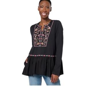 Logo Lori Goldstein Black Floral Embroidered Top Sz LG Peplum Boho Cottagecore